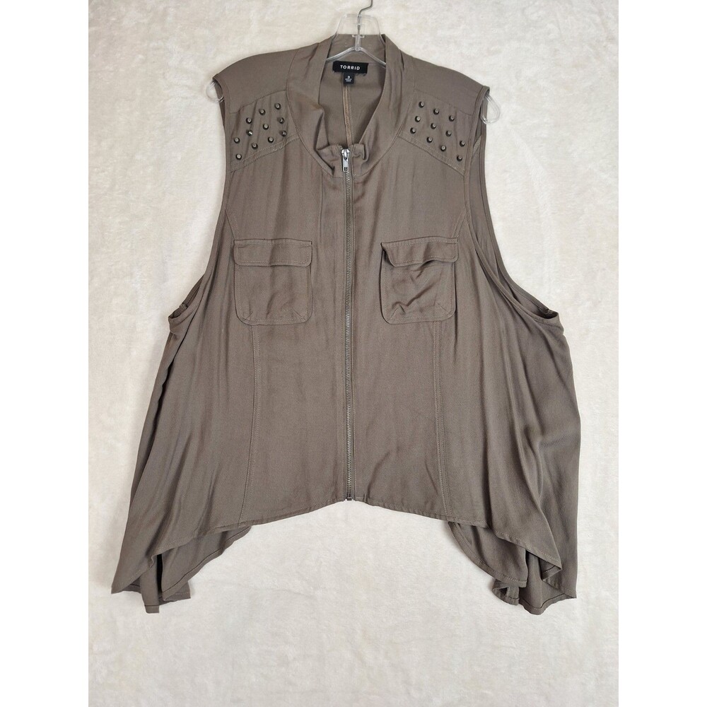 Torrid Women’s Plus 3 Zip Utility Vest Mock Neck Studded Military Pockets Tan